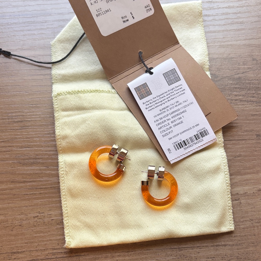 Nwt Burberry Small Hoop Orange And Silver Earrings 25mm
